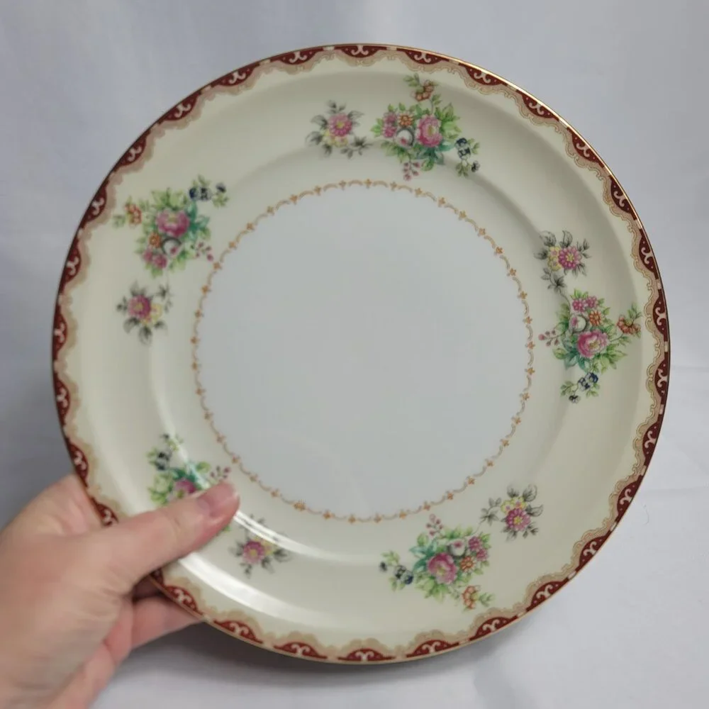 TWO Meito Keepsake Dinner Plates Ivory with Rust & Tan Scroll & Floral Rim